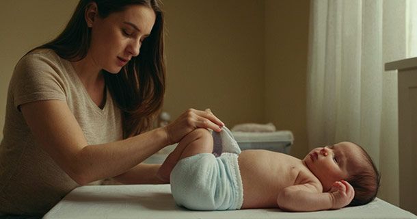 Mujer joven cambiando el pañal de un bebe. Consejos Para Mamás Primerizas